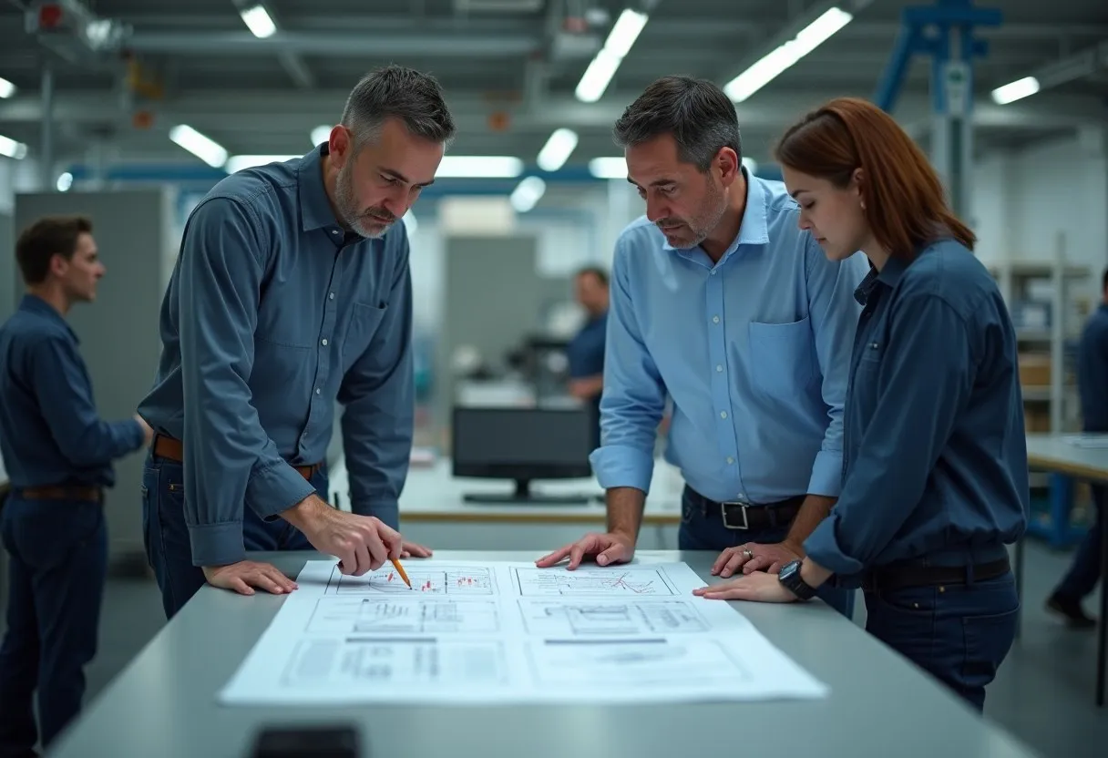 Engineers and a supervisor reviewing a one-page A3 problem-solving sheet pinned to a wall during a coaching conversation