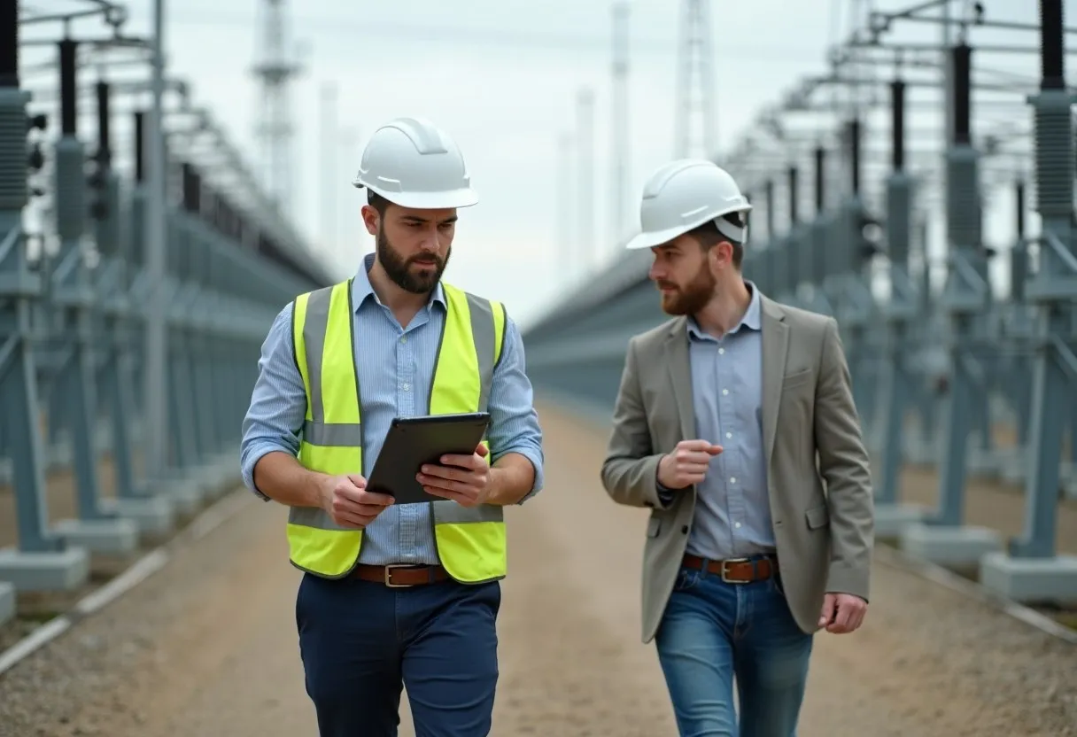 An engineer and an asset manager walking through an industrial yard to assess equipment condition