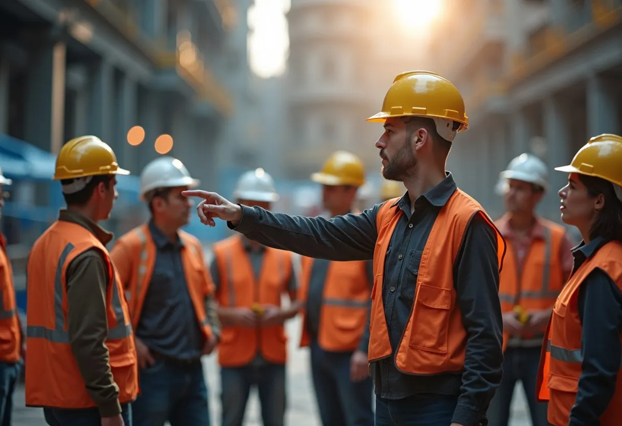 A construction crew holding a pre-task planning talk at the start of a shift