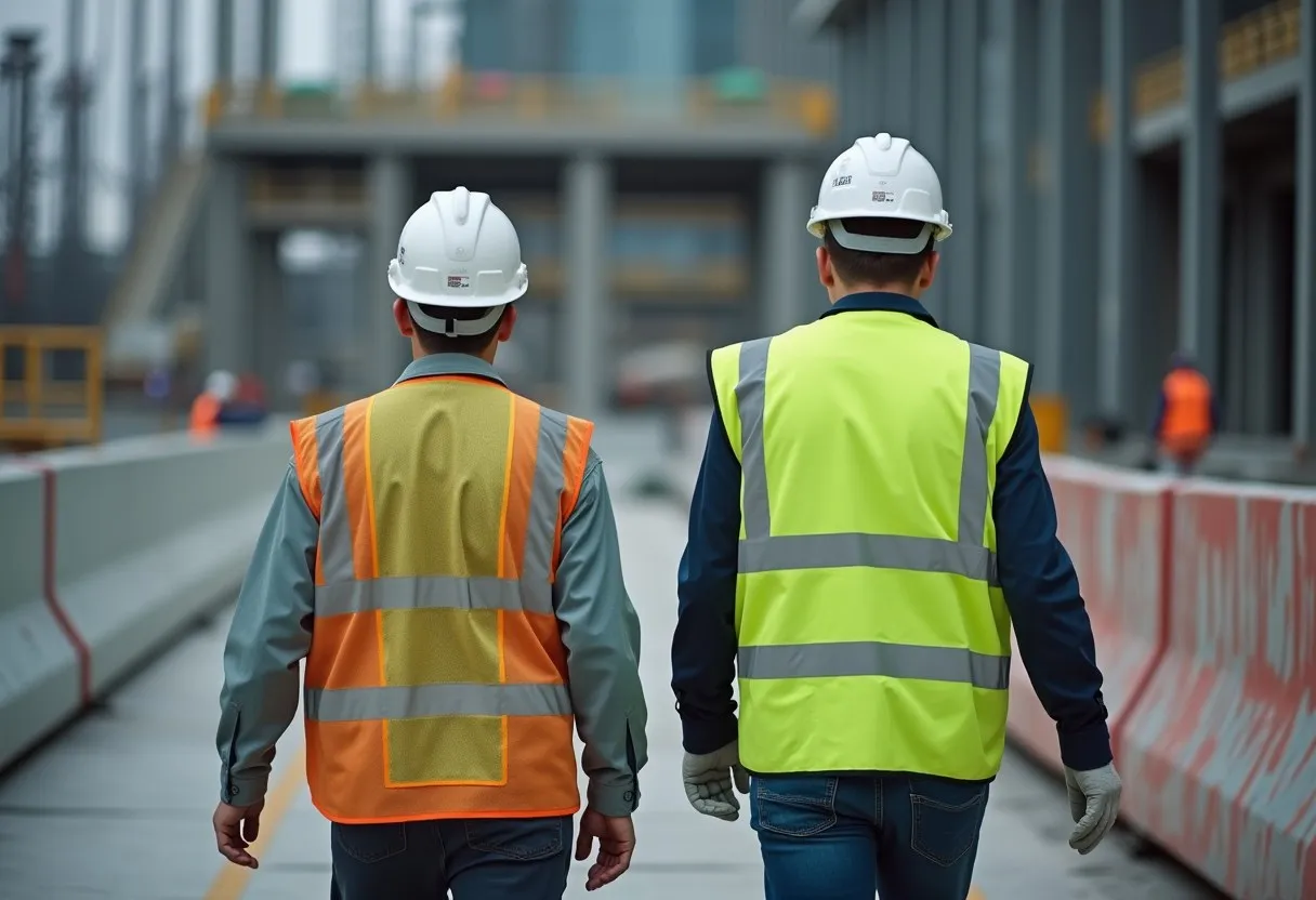A safety officer and a worker checking edge protection and barriers on a construction site
