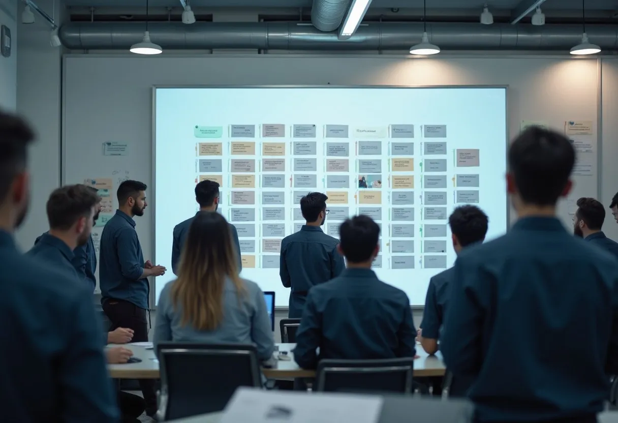 An operations team holding a stand-up meeting in front of a visual management board on a factory wall