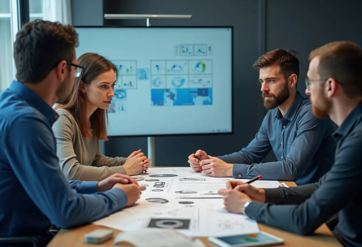 An engineering team discussing experiment results around a table with printed charts and sample parts