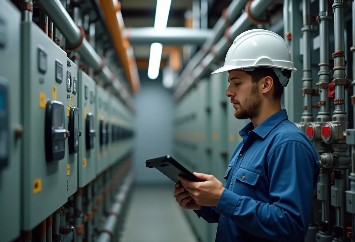 A facility technician reading an electrical meter panel to collect energy data