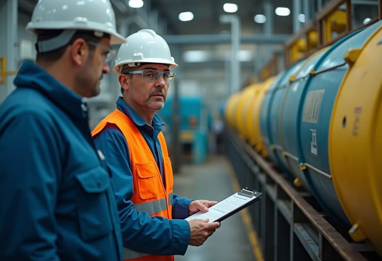 An environmental coordinator talking with an operator beside chemical storage with spill containment