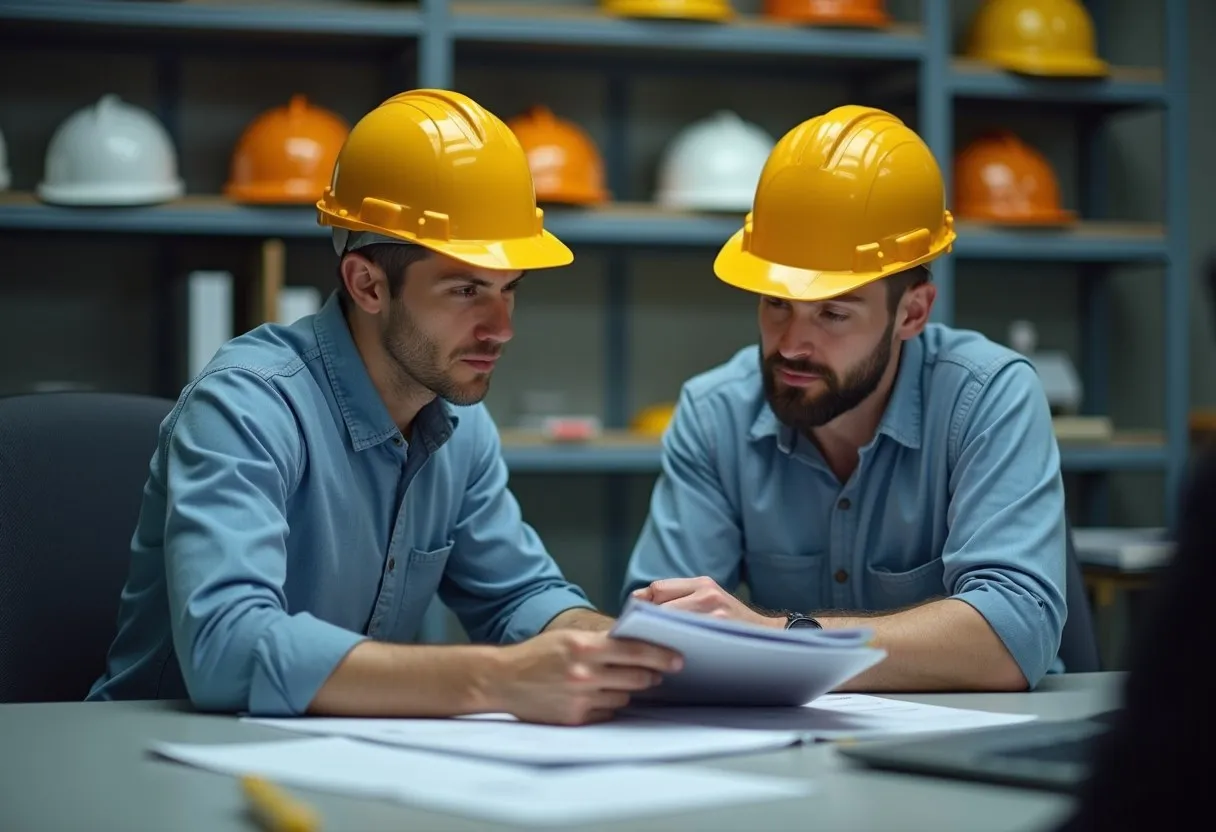 An internal auditor and a facility manager reviewing environmental records at a desk