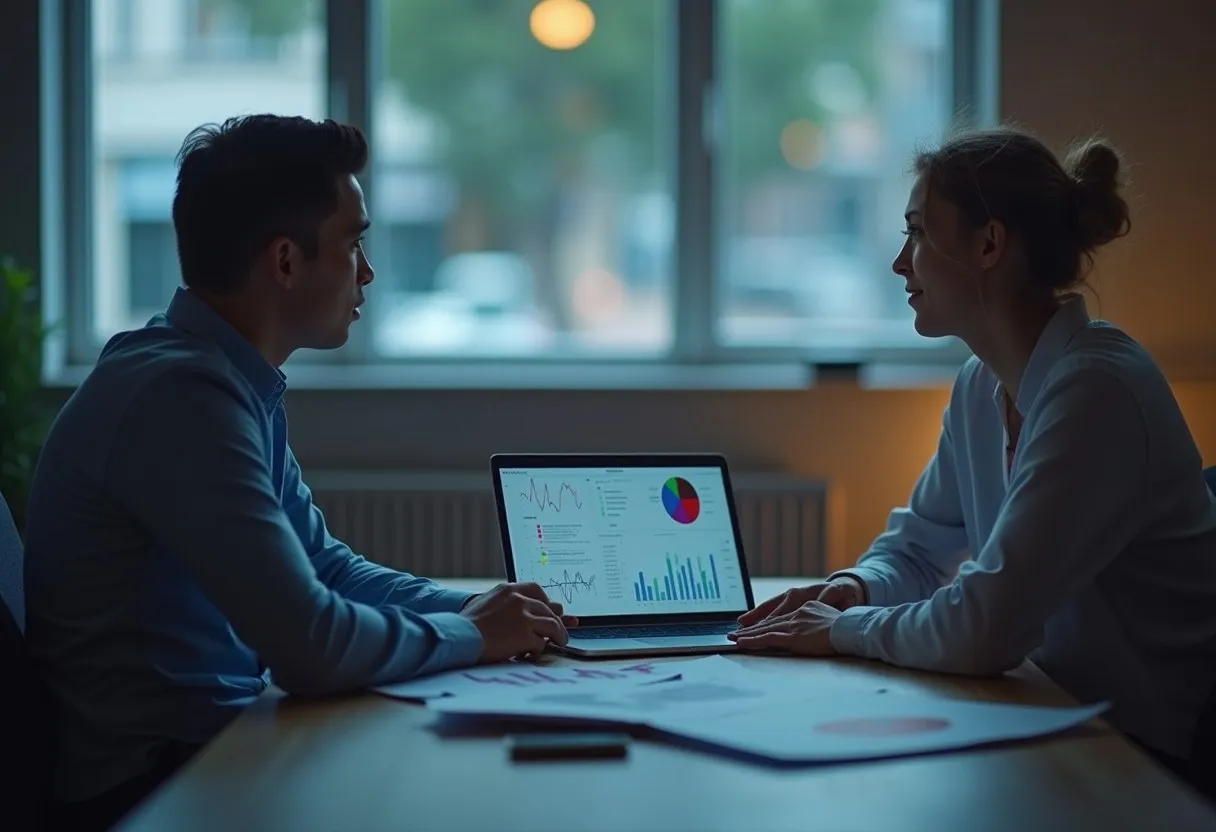 Two colleagues reviewing a histogram of cycle times on a laptop