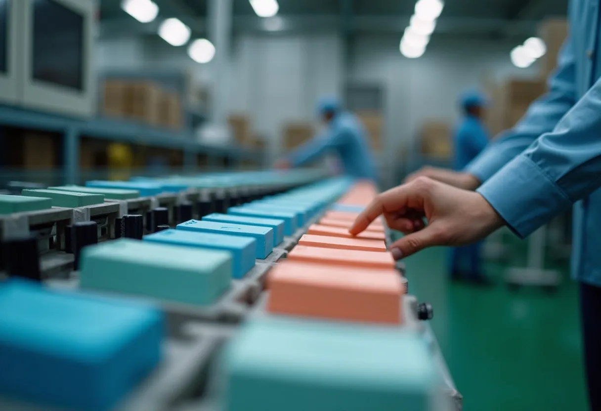 A scheduler placing colored cards on a leveling board next to a packaging line