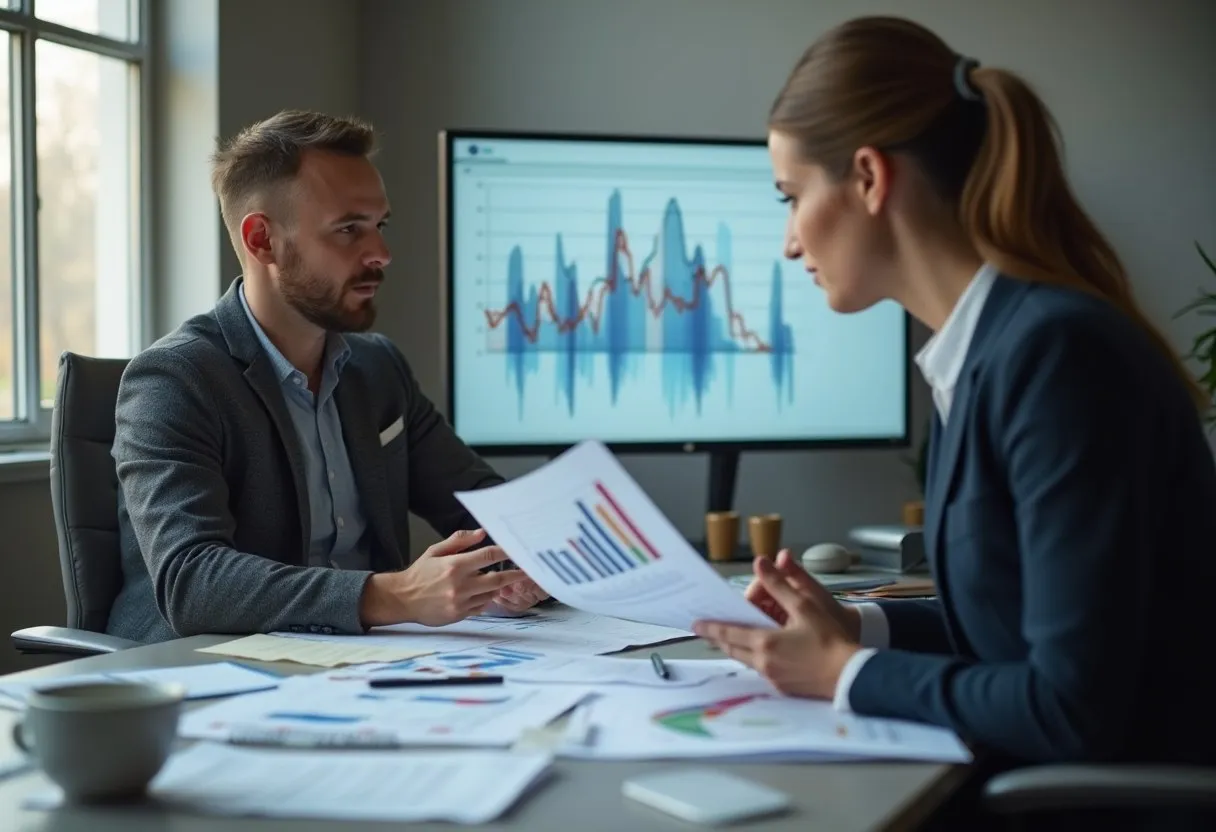 An HR analyst and a hiring manager reviewing turnover trends on a printed chart