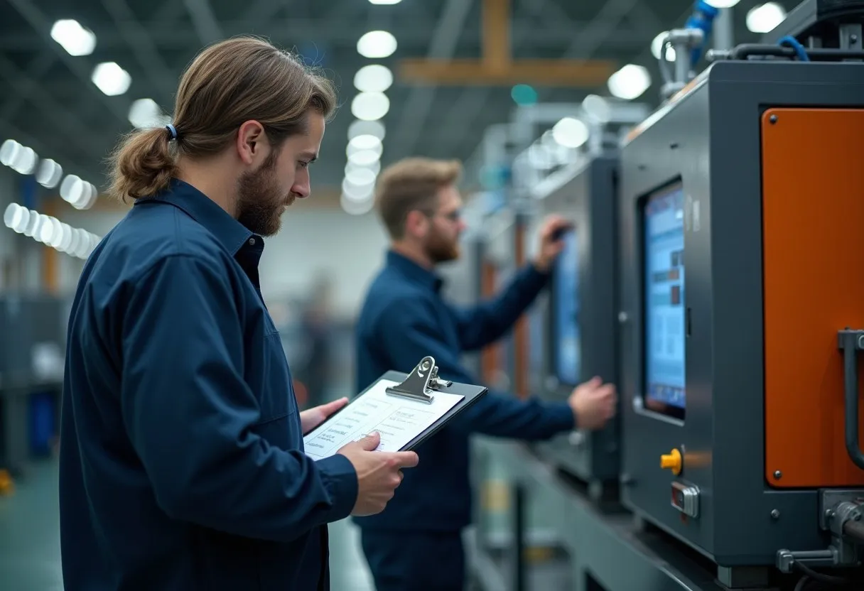A team leader using a short checklist to observe an operator at a machine during a layered process audit