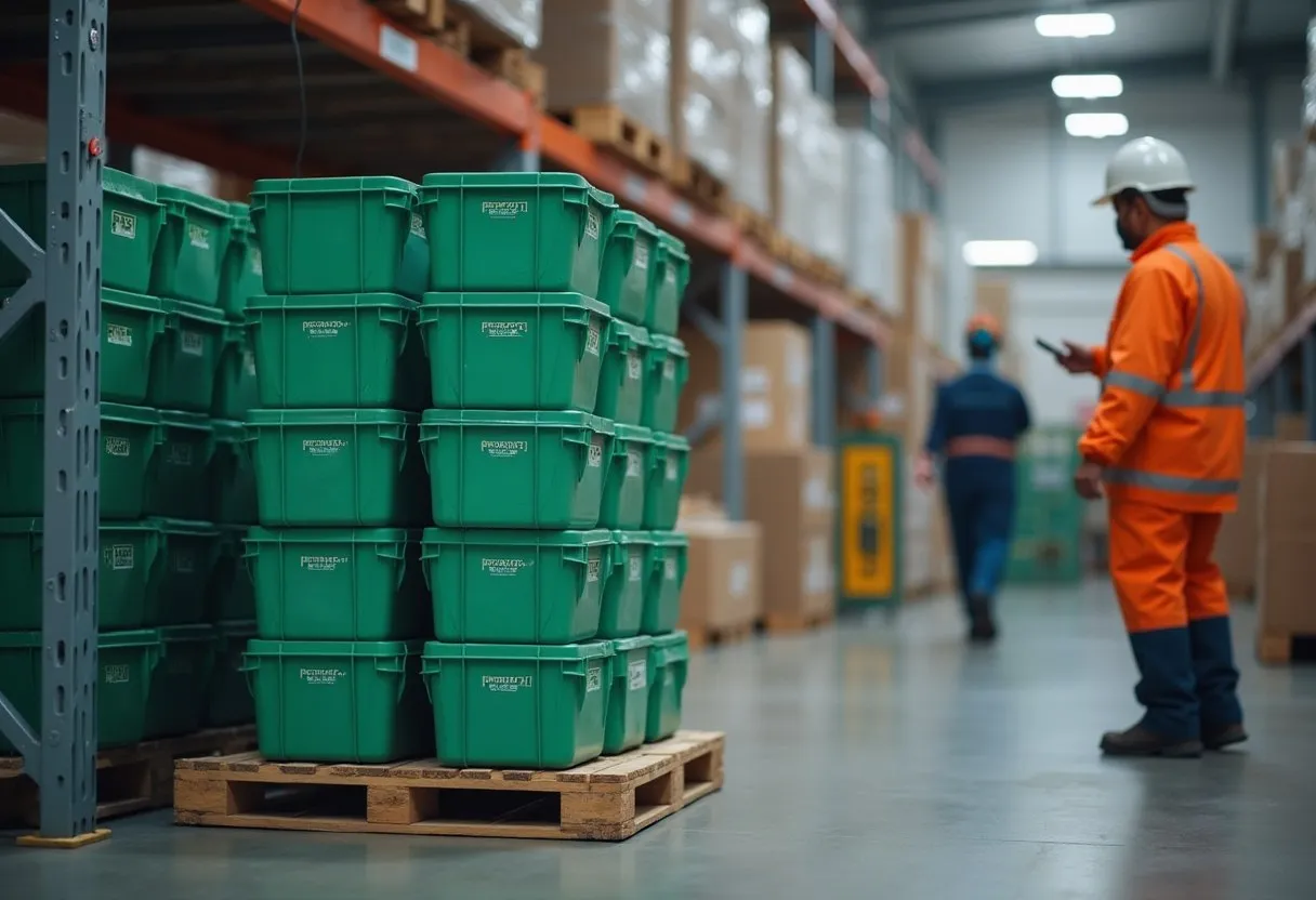 Reusable returnable containers stacked on a pallet at a receiving dock
