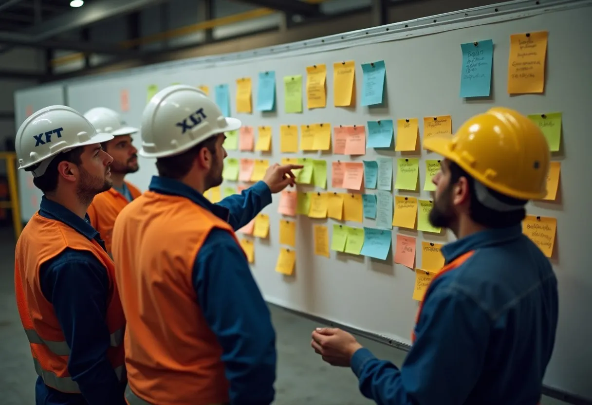 Construction trade partners building a pull plan with sticky notes on a wall in a site trailer