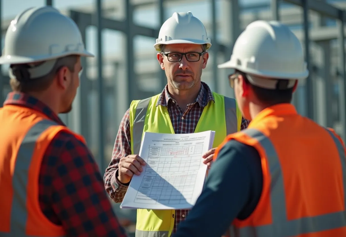 A foreman briefing a crew with a weekly work plan on a building site