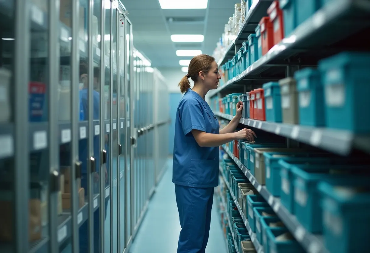 A nurse restocking a well-organized hospital supply cabinet with clearly marked shelf locations