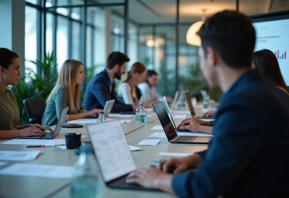 An accounting team working through month-end close tasks at a long table