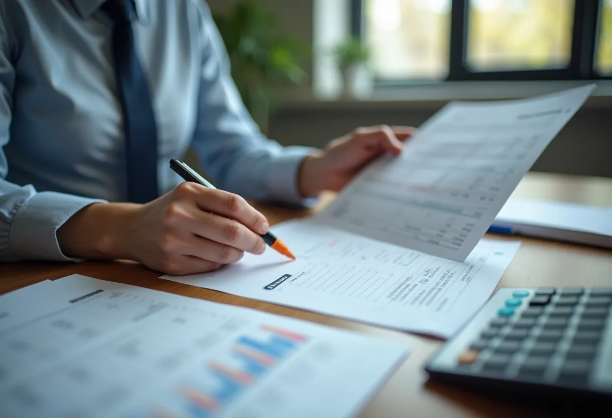 An accountant comparing two printed statements during an account reconciliation