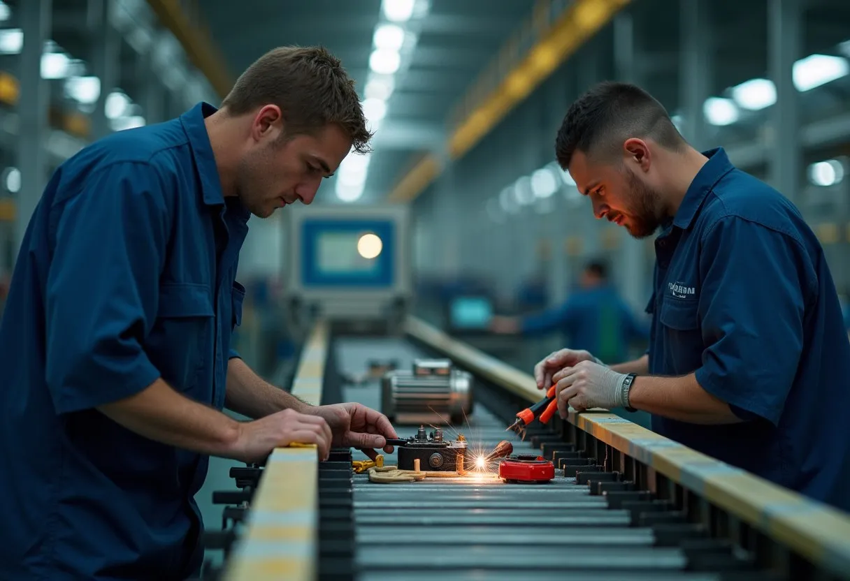 A maintenance technician repairing a motor on a conveyor system while a colleague holds a flashlight