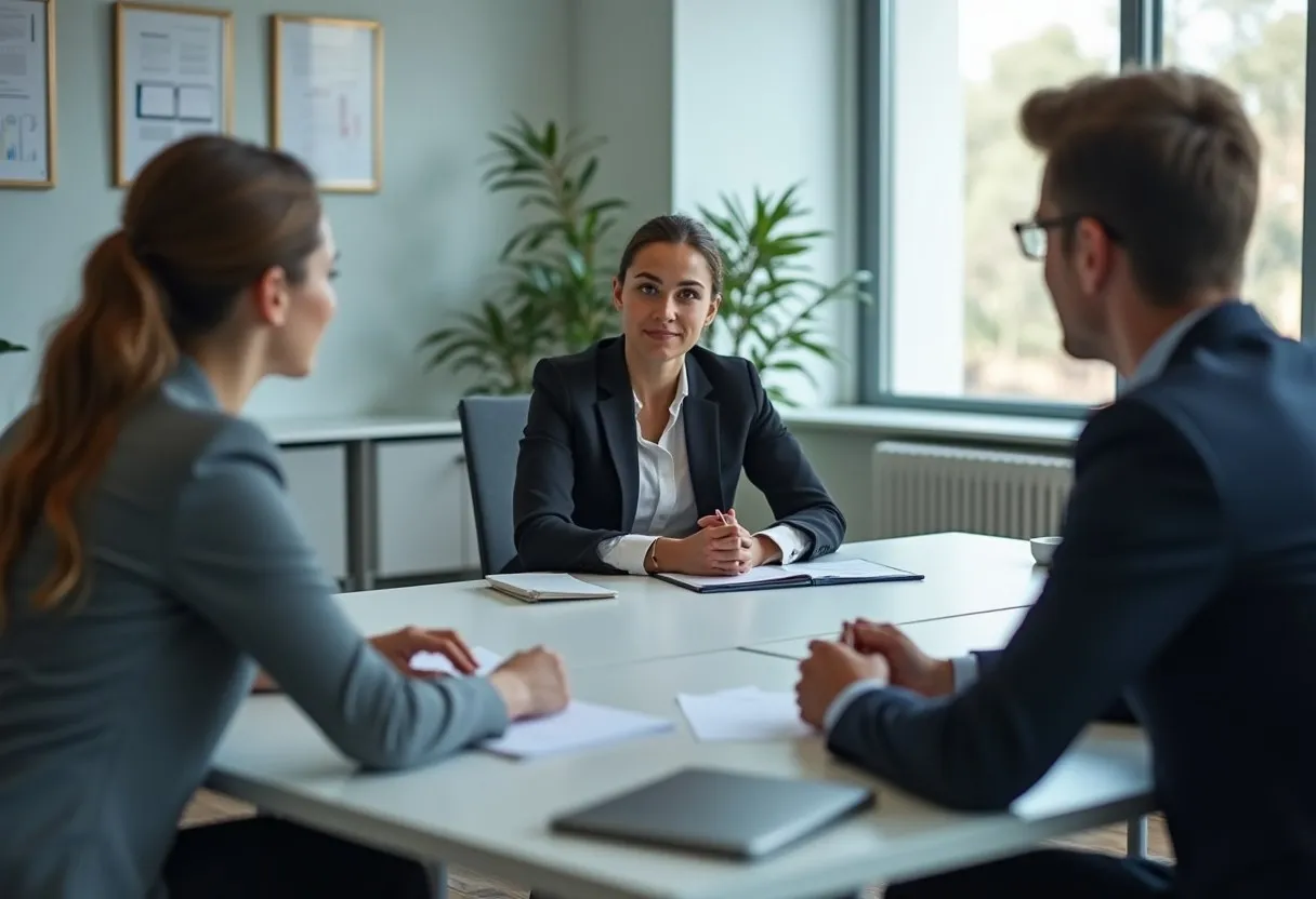 Two interviewers and a candidate in a structured job interview
