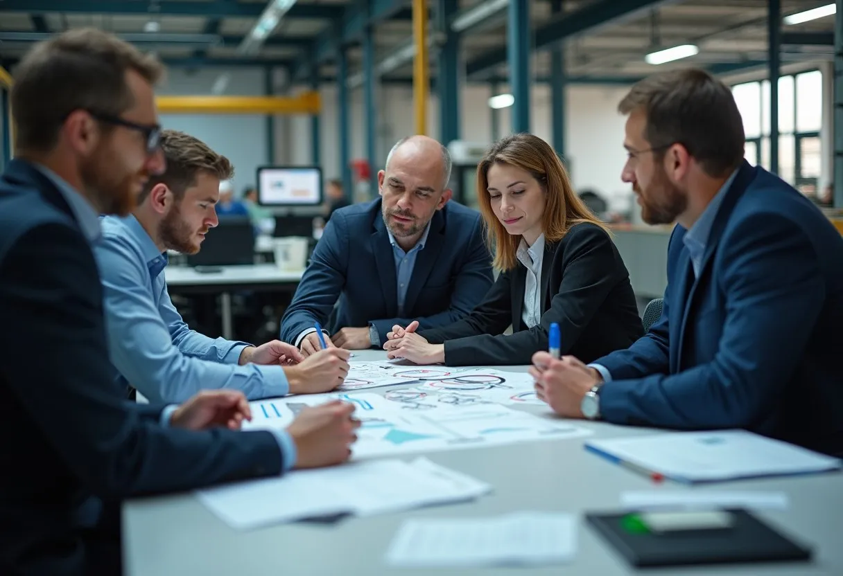 A cross-functional team reviewing asset drawings and failure analysis forms in a reliability workshop