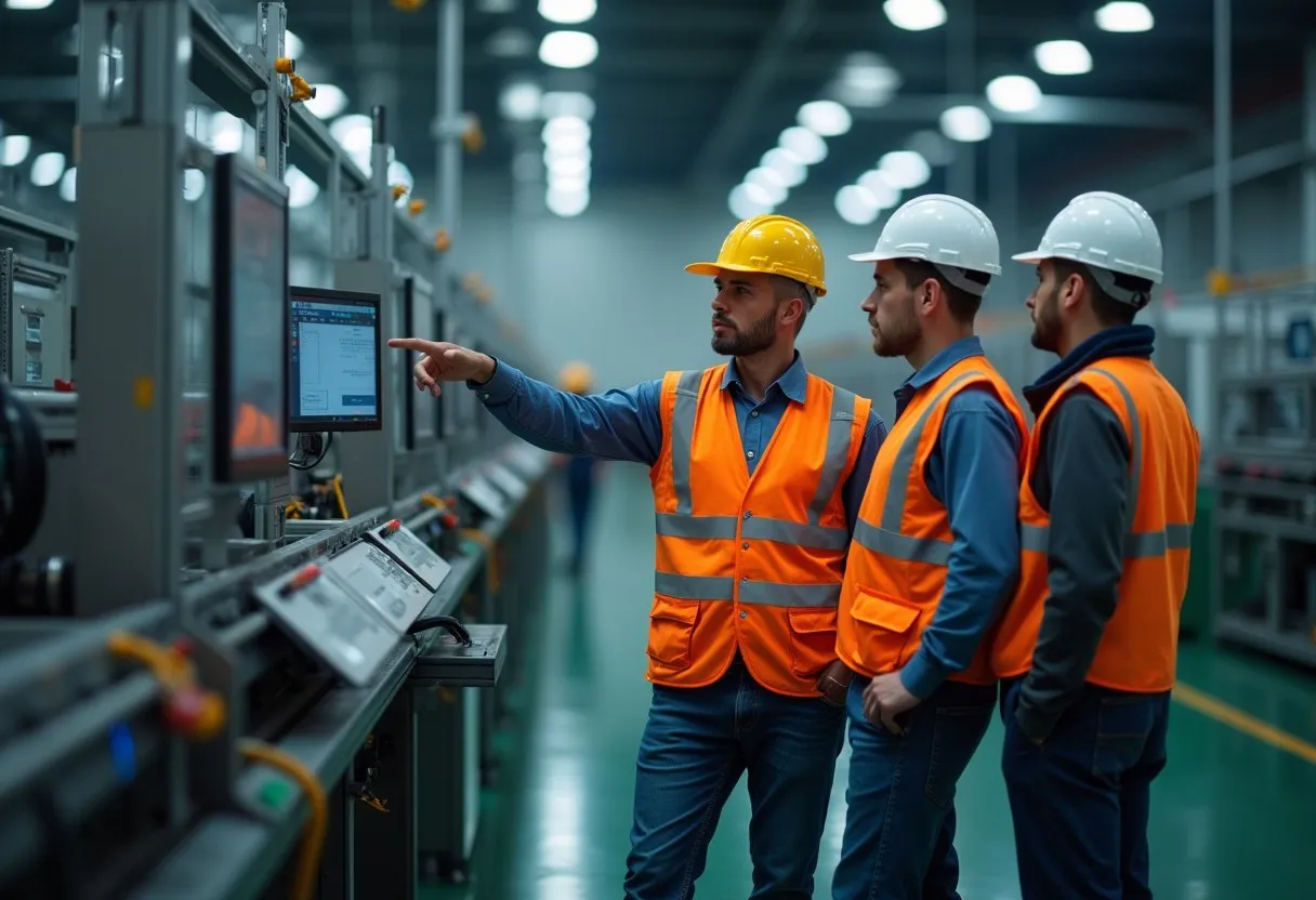 A supervisor and operators in a standing huddle beside a production line discussing the constraint machine