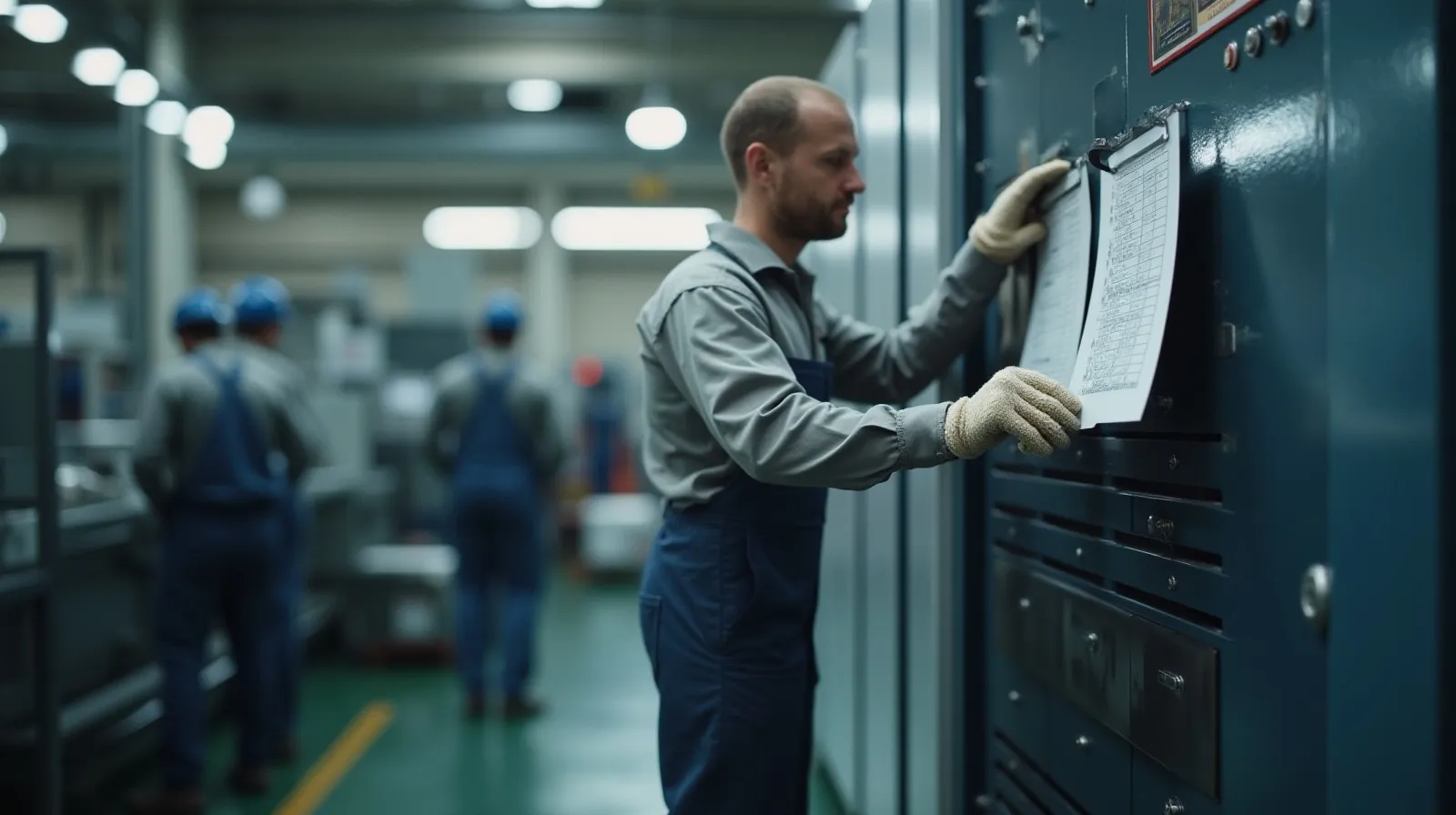 Machine operator performing routine cleaning and inspection on an industrial machine panel
