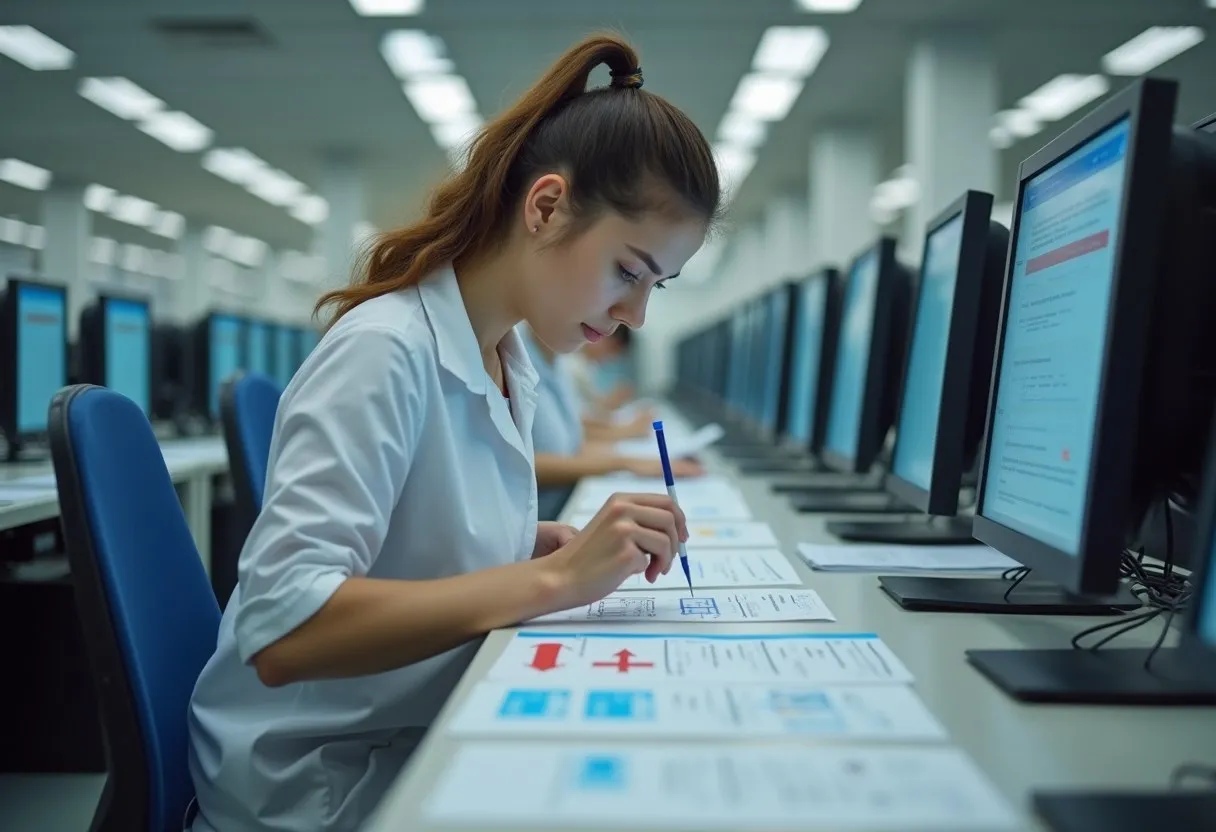 A quality checker sampling a batch of processed forms and marking a tally sheet