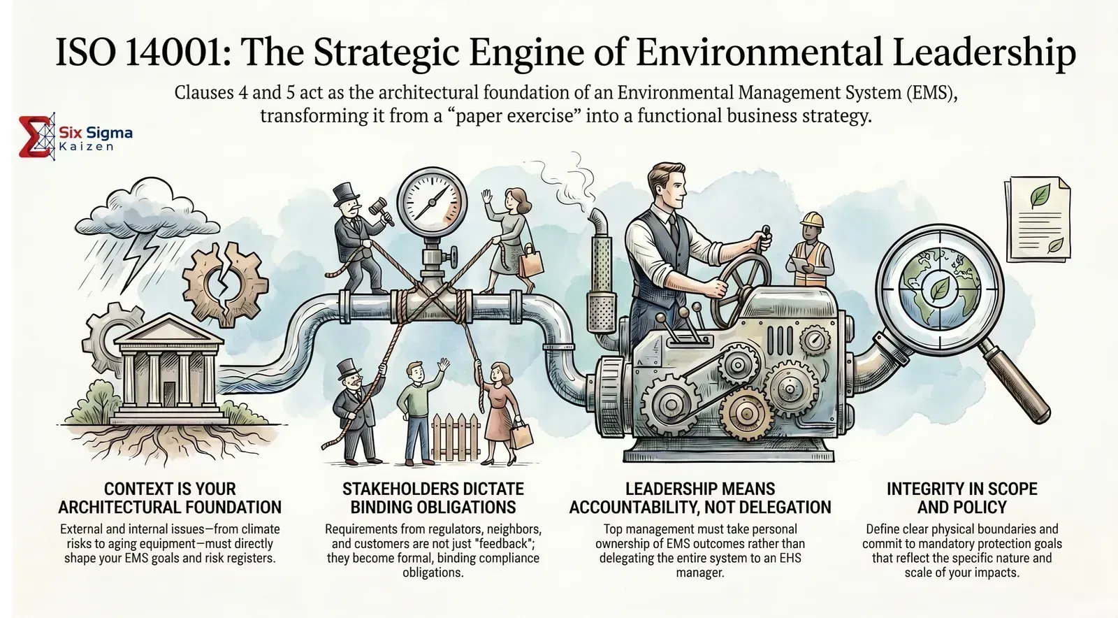ISO 14001 Clauses 4 and 5 context and leadership visual summary