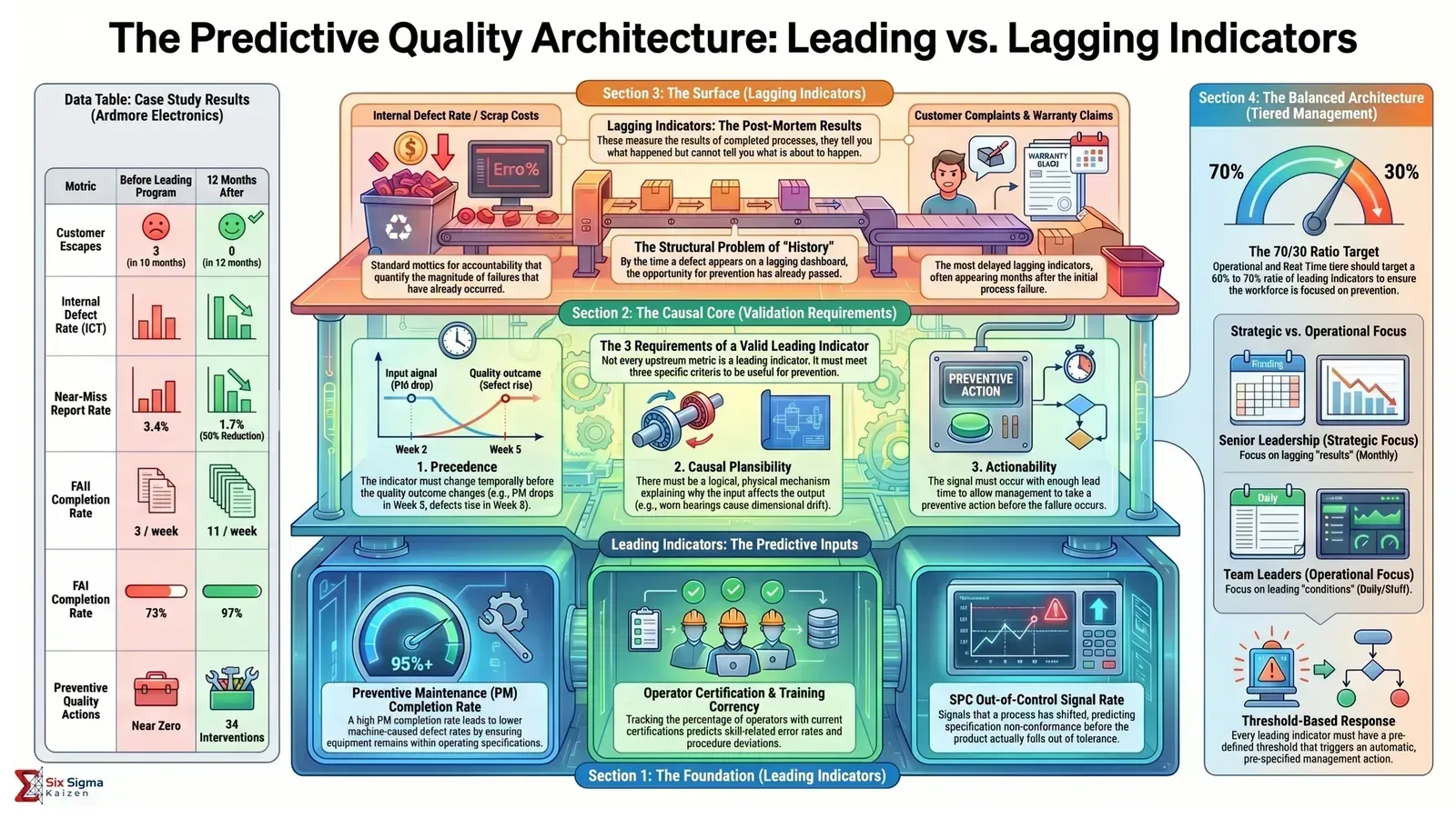 Predictive quality architecture infographic showing leading indicators, lagging indicators, validation requirements, case study results, and tiered management response