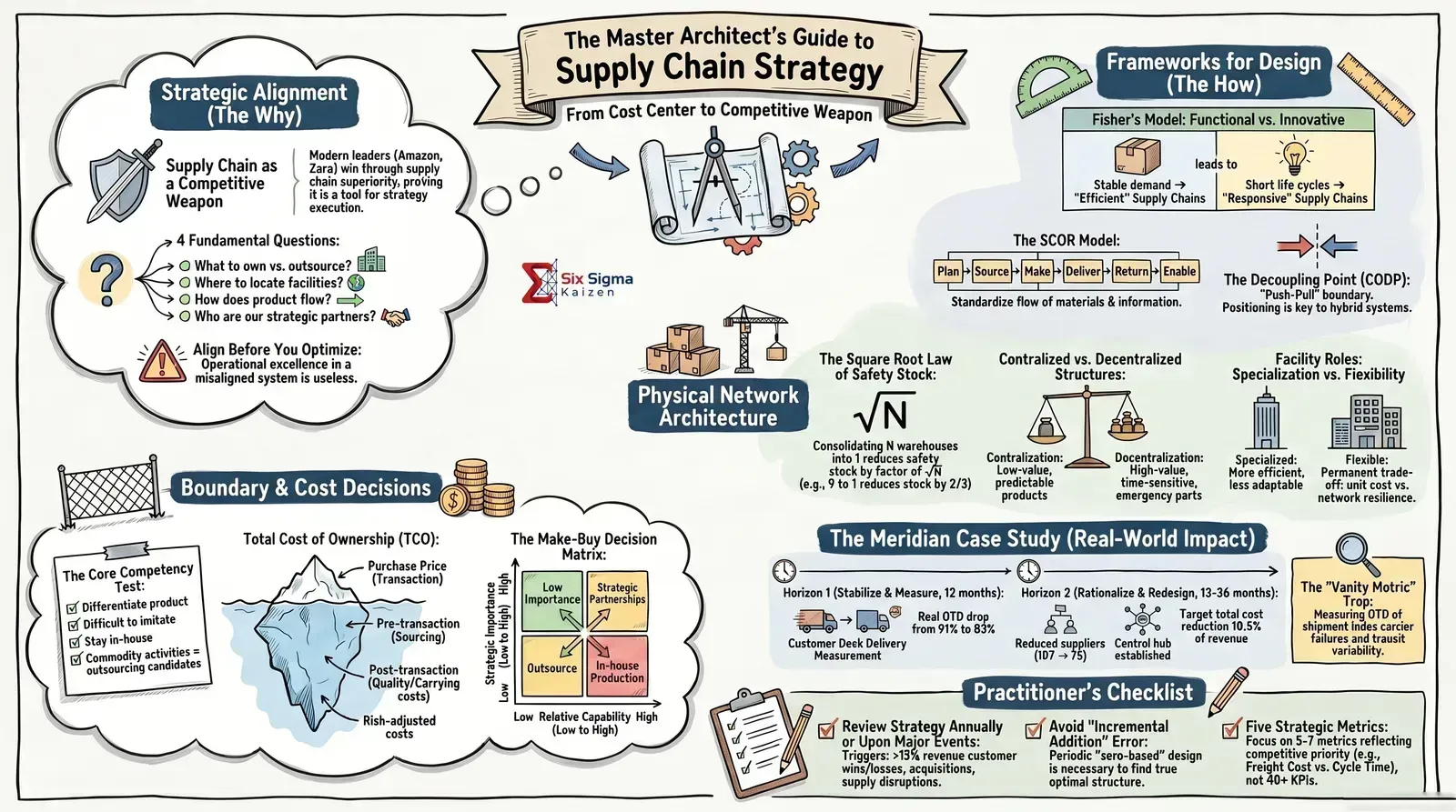 Supply chain strategy and design infographic covering strategic alignment, network architecture, total cost, make-buy decisions, and the Meridian case study