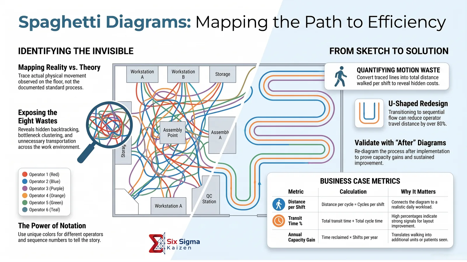 Infographic explaining spaghetti diagrams for process efficiency, including mapping reality versus theory, quantifying motion waste, U-shaped redesign, after-diagram validation, and business case metrics